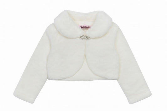 Girls Ivory Faux Fur Bolero – Long Sleeve with Clasp Hook (Ages 3–13 Years)