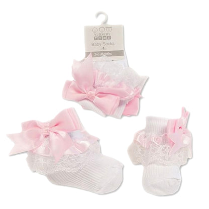 Baby Girls Socks Cotton Rich Spanish Bow Lace Wedding Stocking Socks with Bows Ribbon Top Party Ribbed Ankle Socks 0-18 Months