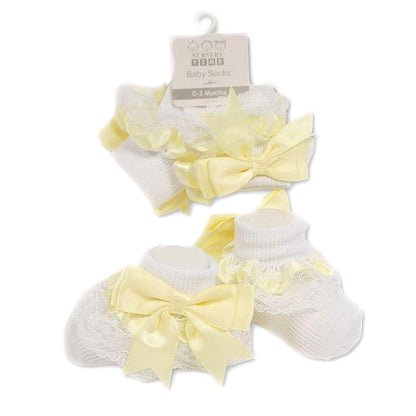 Baby Girls Socks Cotton Rich Spanish Bow Lace Wedding Stocking Socks with Bows Ribbon Top Party Ribbed Ankle Socks 0-18 Months