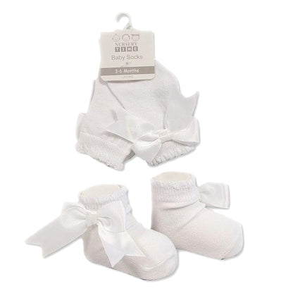 Baby Girls Socks Cotton Rich Spanish Bow Lace Wedding Stocking Socks with Bows Ribbon Top Party Ribbed Ankle Socks 0-18 Months