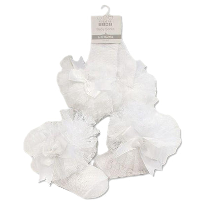 Baby Girls Socks Cotton Rich Spanish Bow Lace Wedding Stocking Socks with Bows Ribbon Top Party Ribbed Ankle Socks 0-18 Months