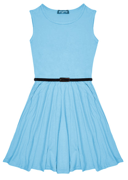 New Girls Plain Retro Skater Dress with Belt Age Size 7 8 9 10 11 12 13 years