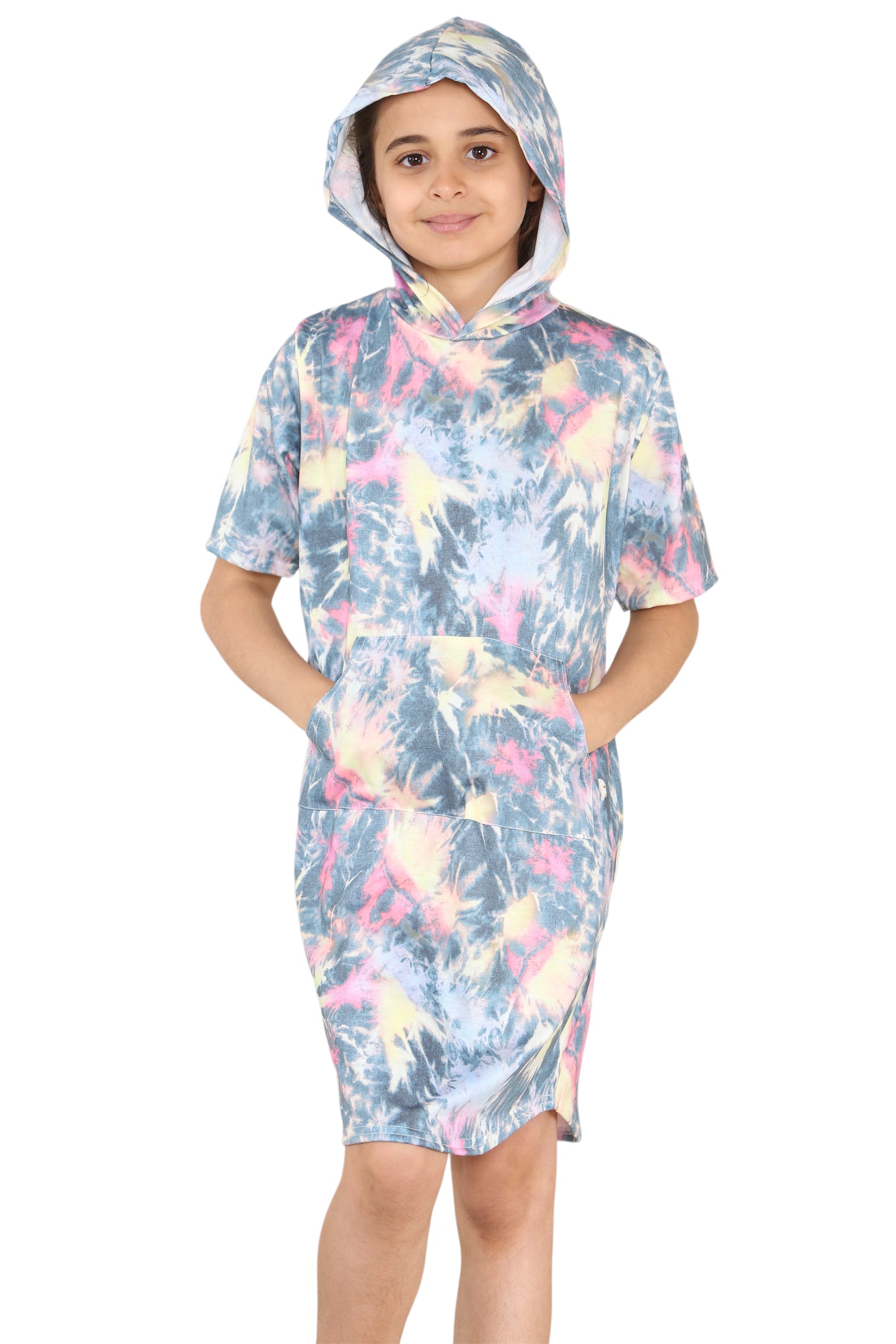 Girls Tie Dye Long Hooded T-Shirt Dress