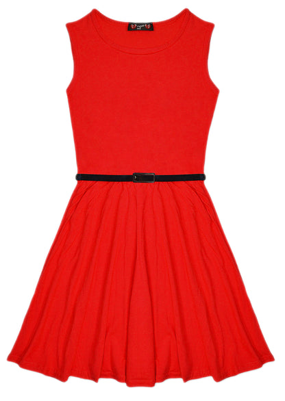 New Girls Plain Retro Skater Dress with Belt Age Size 7 8 9 10 11 12 13 years