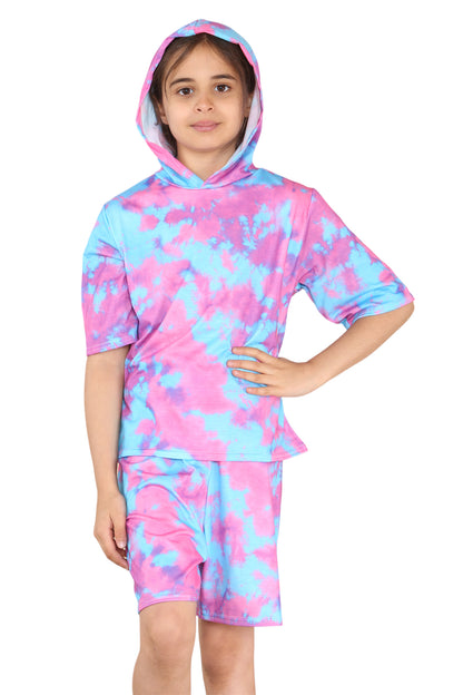 Girls Tie Dye Hooded Top & Shorts Outfit