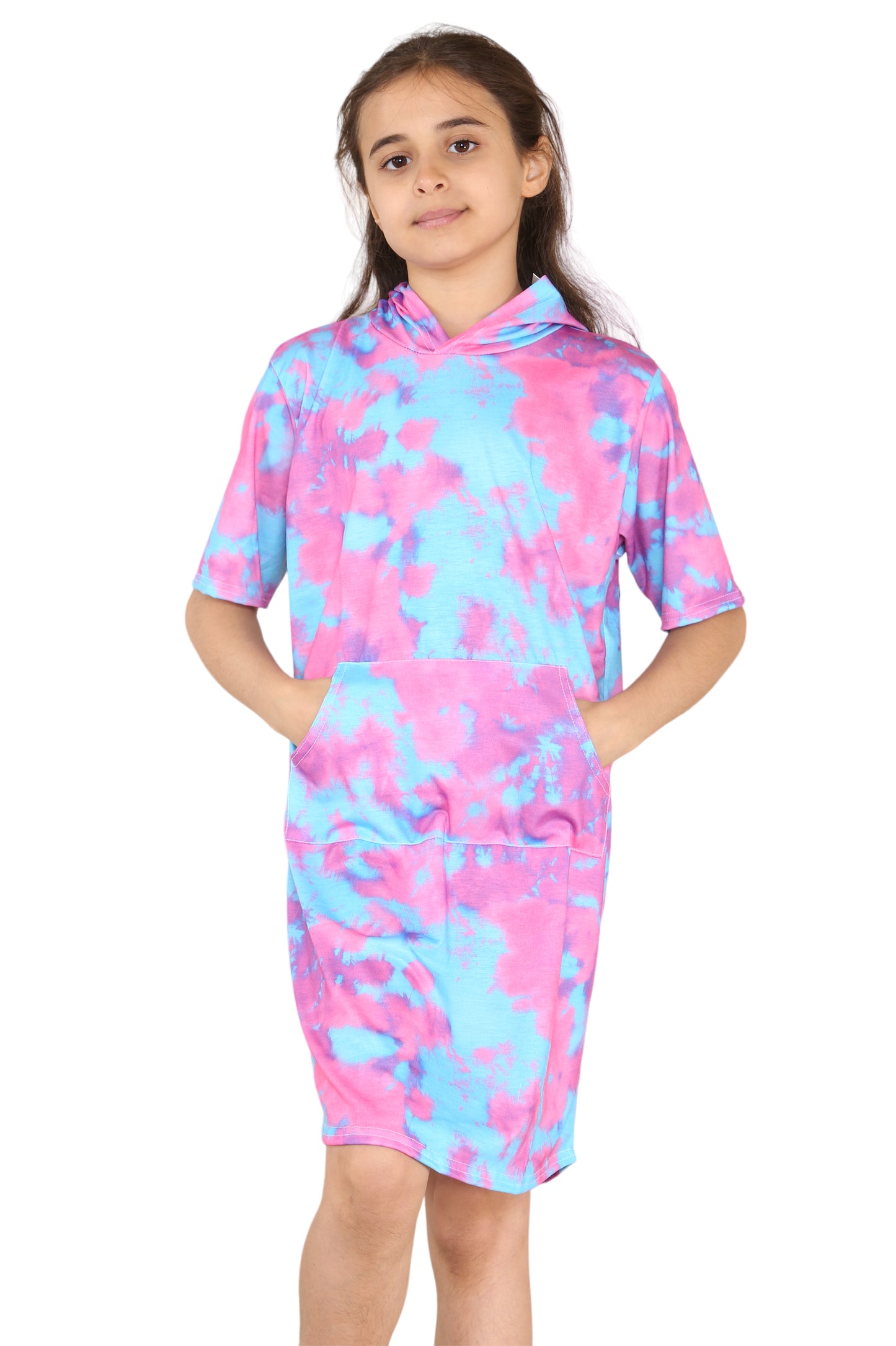 Girls Tie Dye Long Hooded T-Shirt Dress