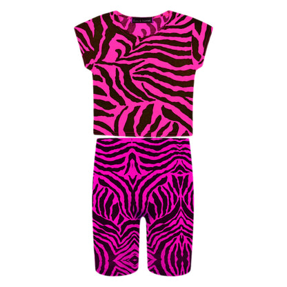 Girls Zebra Print Neon Crop Tops & Shorts