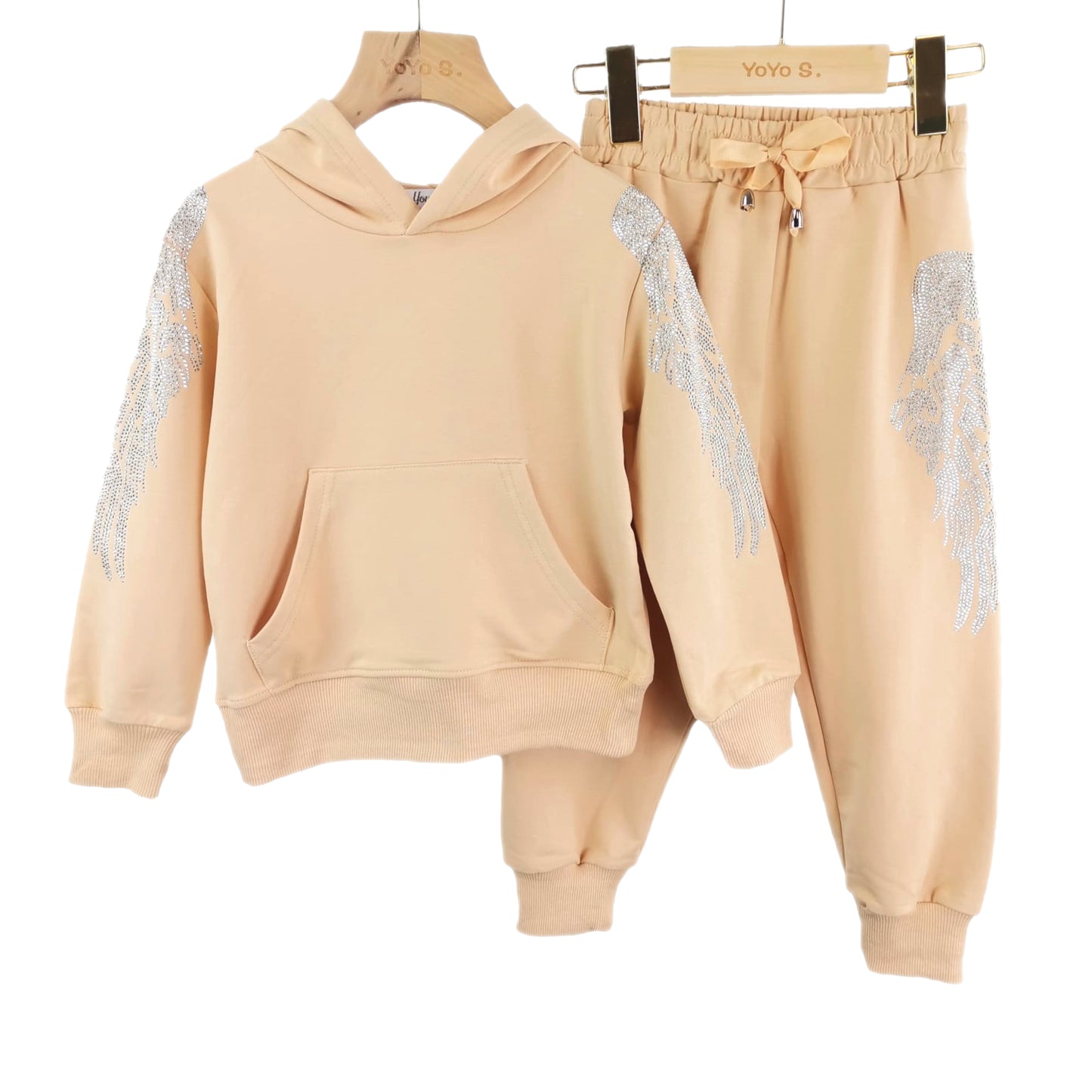 Girls Angel Wings Hoodie Set - Beige