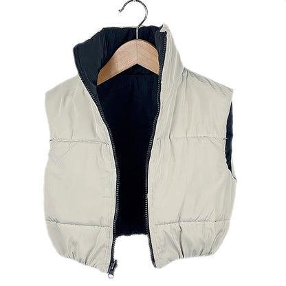 Girls Reversible Gilet Bodywarmer Cropped Sleeveless Jacket 2 in 1 - Beige