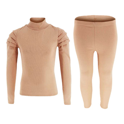 Girls Ruched Sleeve Lounge Wear Tracksuit - Beige