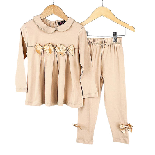 Girls Bow Pleated Top & Leggings Set - Beige