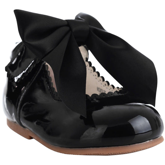 Girls Bridesmaids Bow Ribbon Party Shoes - Black