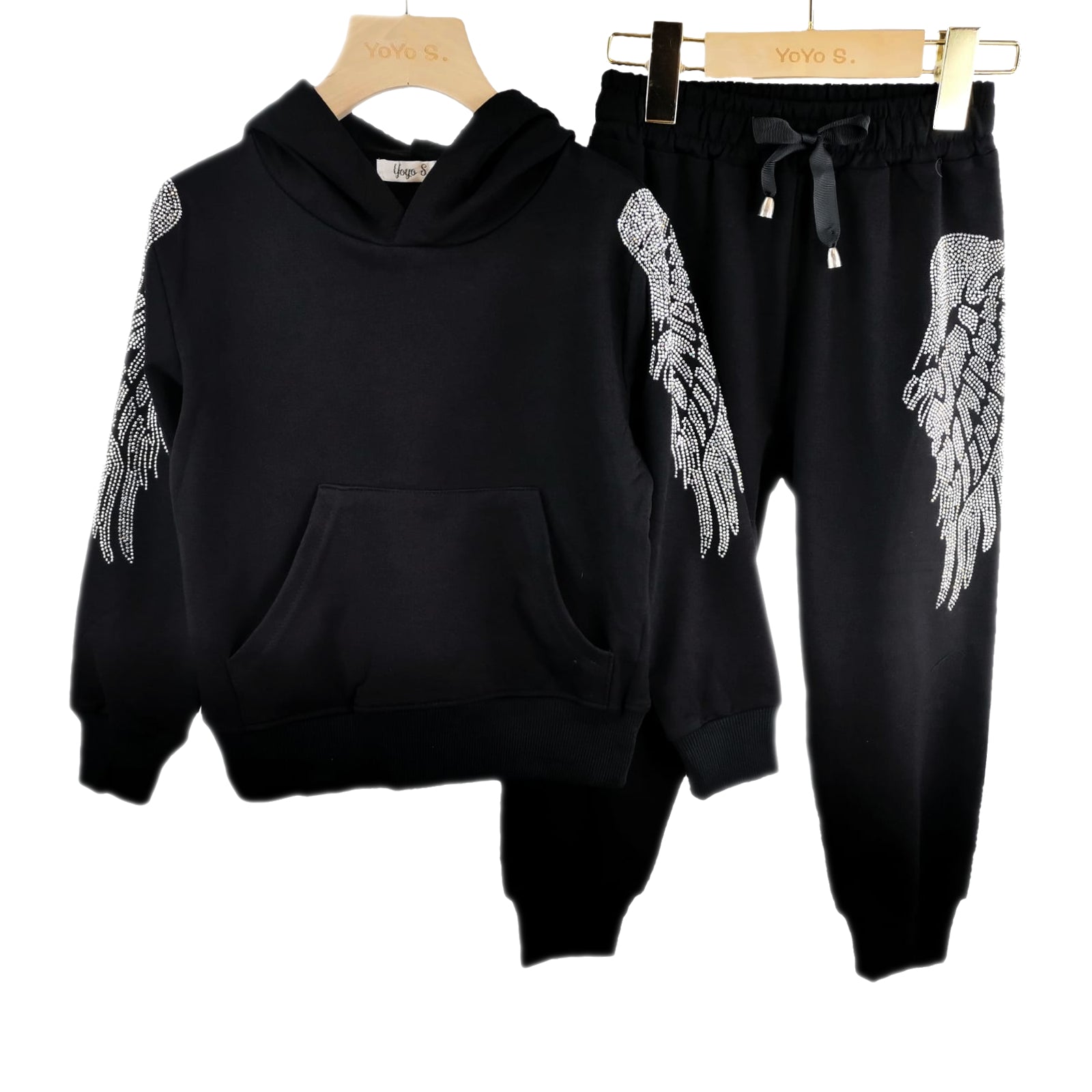 Girls Angel Wings Hoodie Set - Black