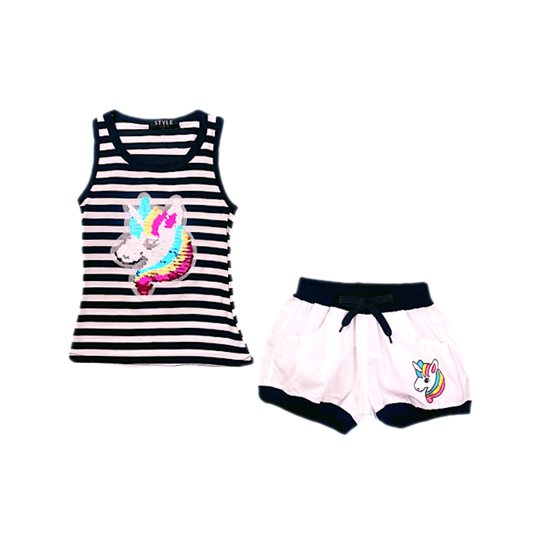 Girls Unicorn Striped Sequin Shorts Set Vest Top Outfit