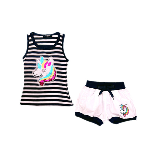 Girls Unicorn Striped Sequin Shorts Set Vest Top Outfit