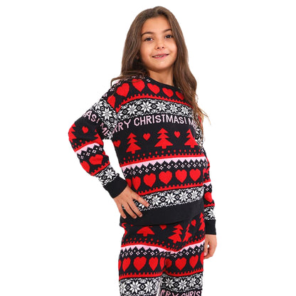 Girls Christmas Fairisle Jacquard Pyjama Set - Black and Red