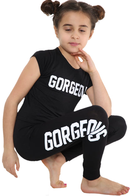 Girls Gorgeous Print Neon Crop Top & Leggings Set - Black