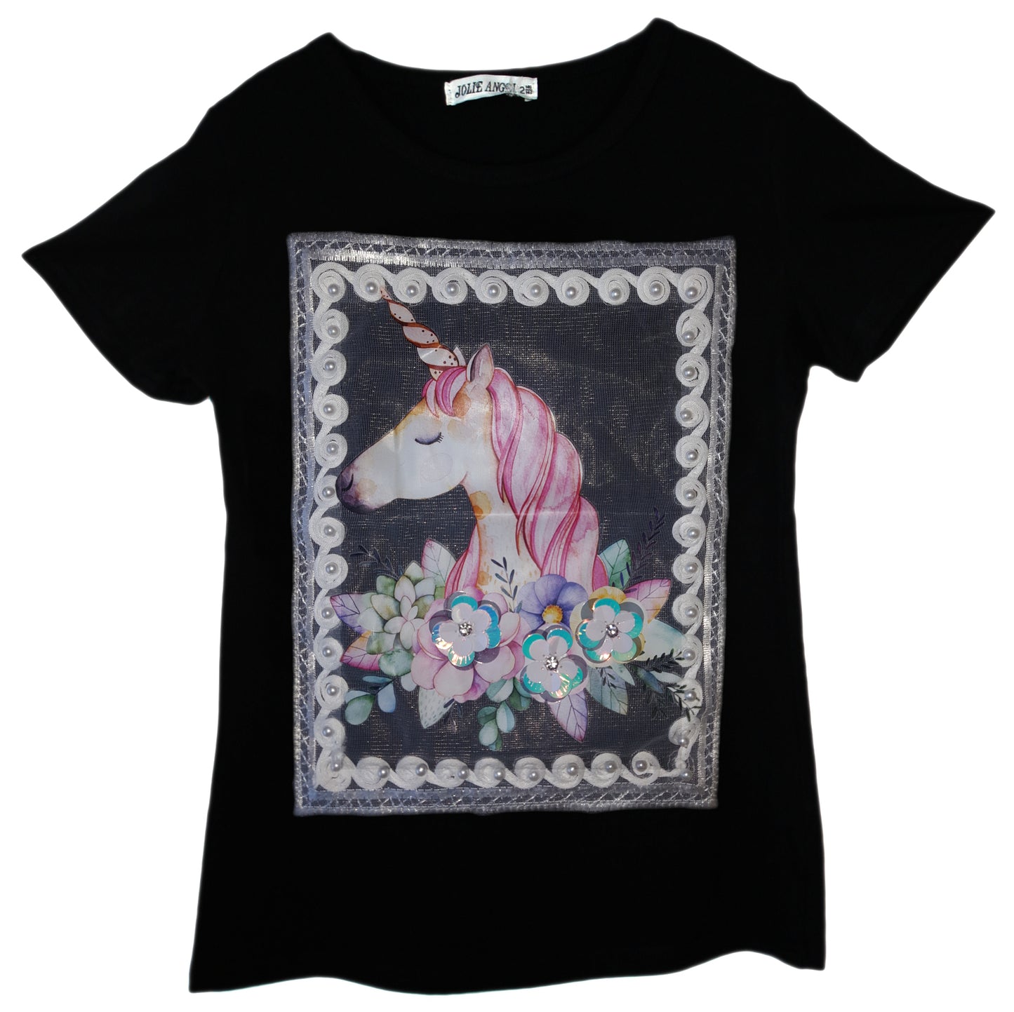 Girls Unicorn Floral Pearls T-Shirt