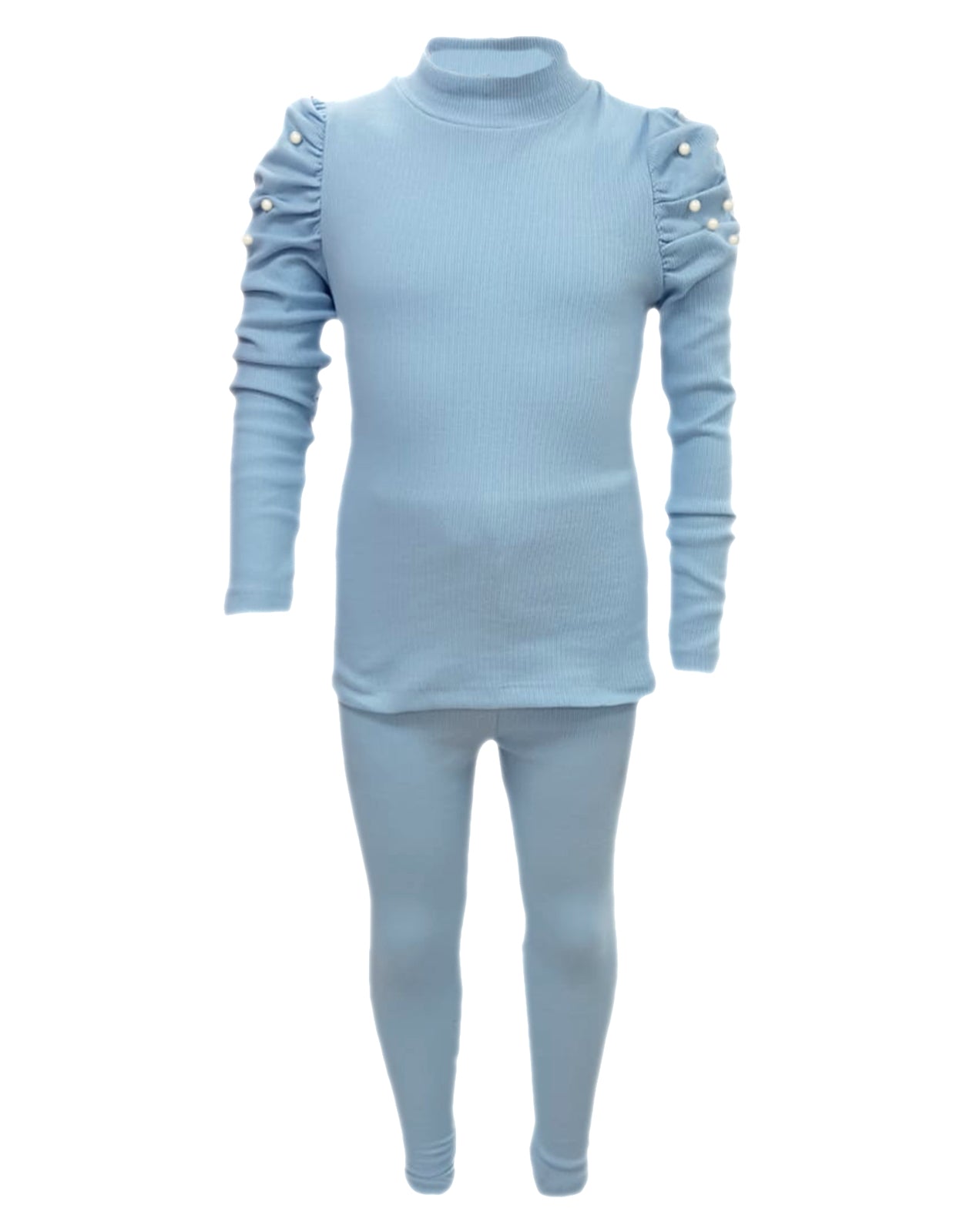 Girls Ribbed Ruched Sleeve Pearl Outfit - Blue