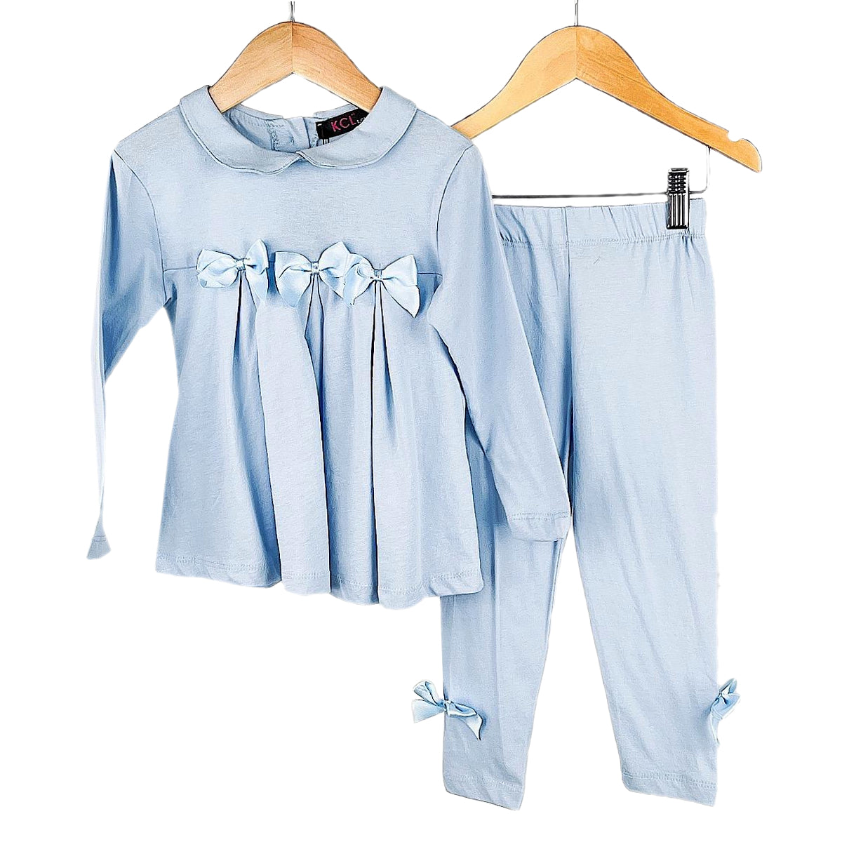 Girls Bow Pleated Top & Leggings Set - Blue