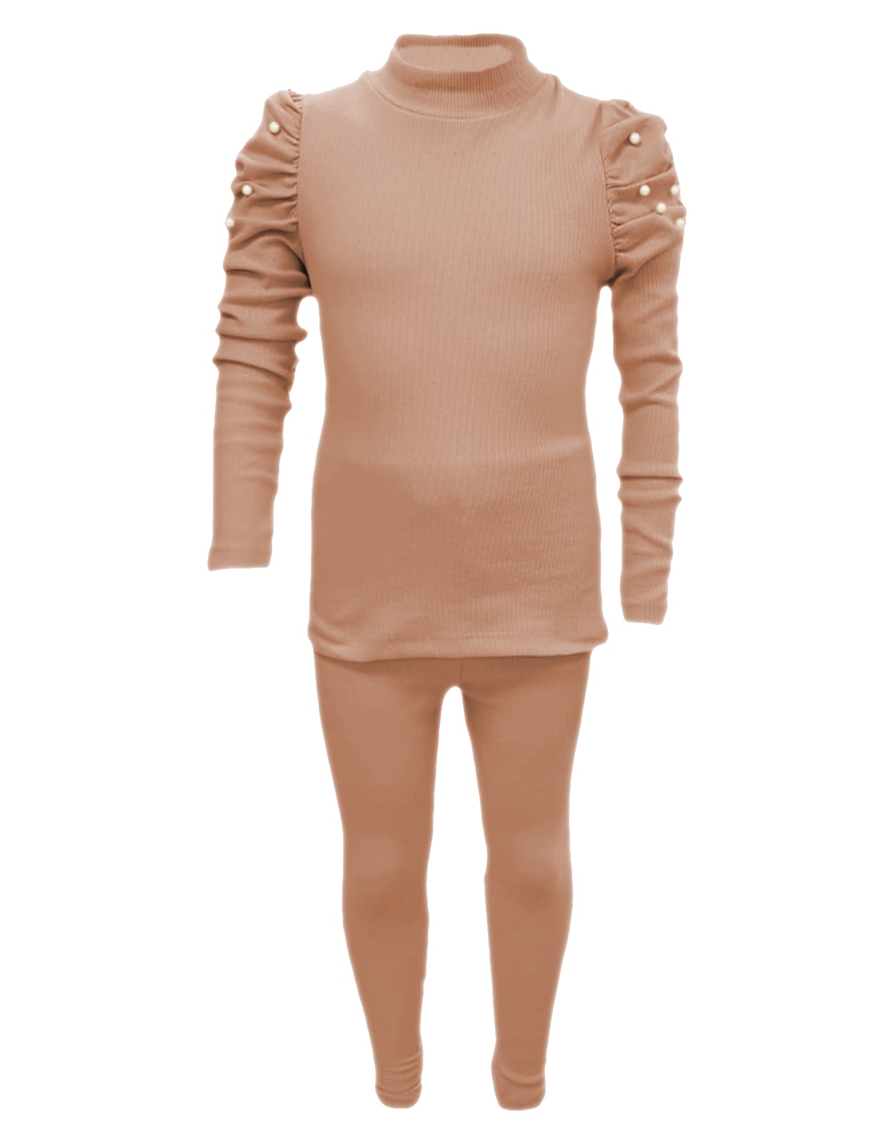 Girls Ribbed Ruched Sleeve Pearl Outfit - Brown
