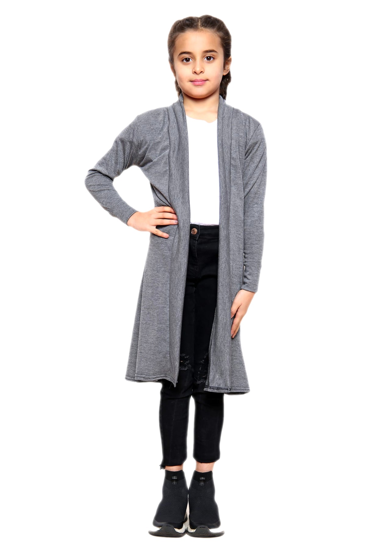 Girls Long Boyfriend Cardigan - Charcoal