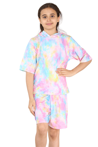 Girls Tie Dye Hooded Top & Shorts Outfit