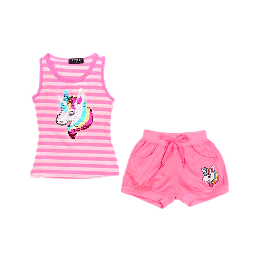 Girls Unicorn Striped Sequin Shorts Set Vest Top Outfit