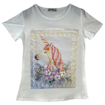 Girls Unicorn Floral Pearls T-Shirt