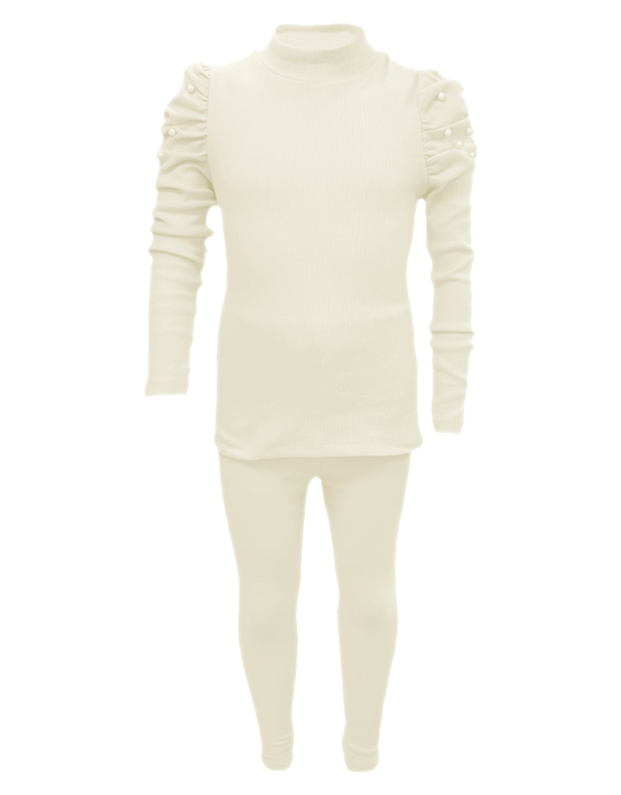 Girls Ribbed Ruched Sleeve Pearl Outfit - Cream