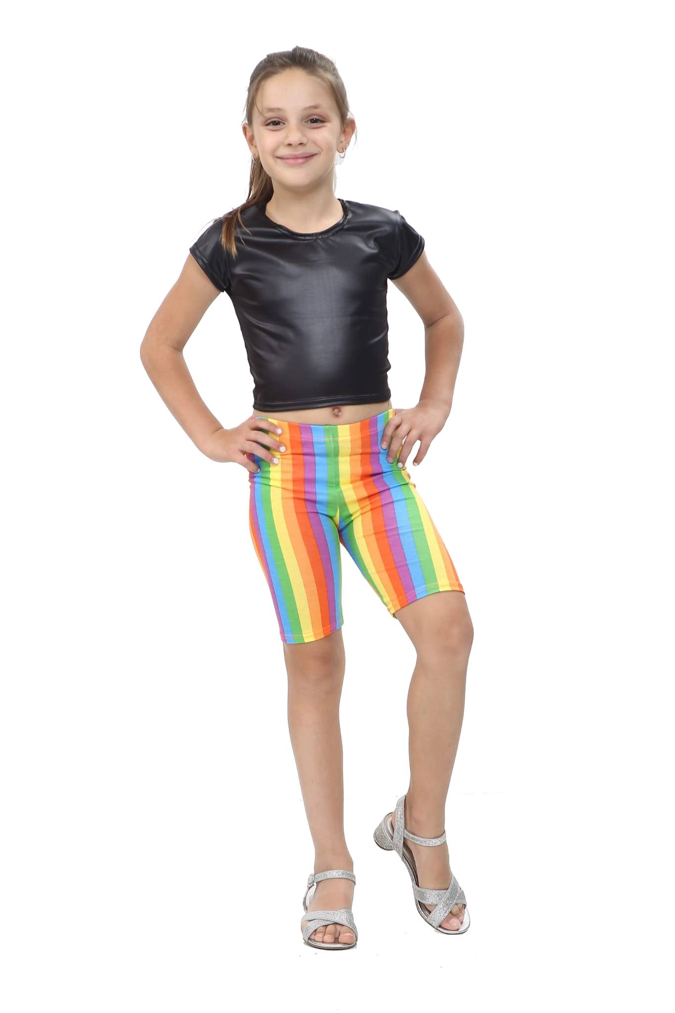 Girls Rainbow Crop Top Leggings Shorts Set Childrens Shirt Summer Party 5 - 13 Years