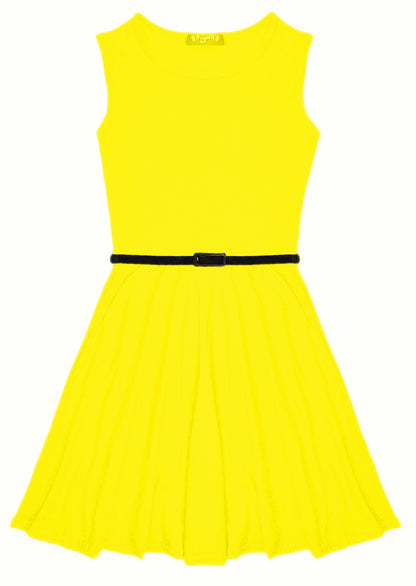 New Girls Plain Retro Skater Dress with Belt Age Size 7 8 9 10 11 12 13 years