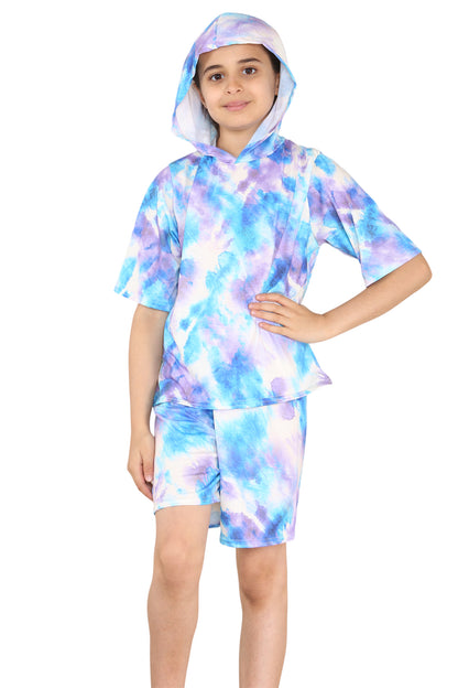Girls Tie Dye Hooded Top & Shorts Outfit