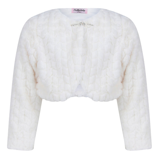 Girls Long Sleeve Ivory Fur Special Occasion Bolero Tippet Shrug Diamante Clasp Fastening 3-14 Years