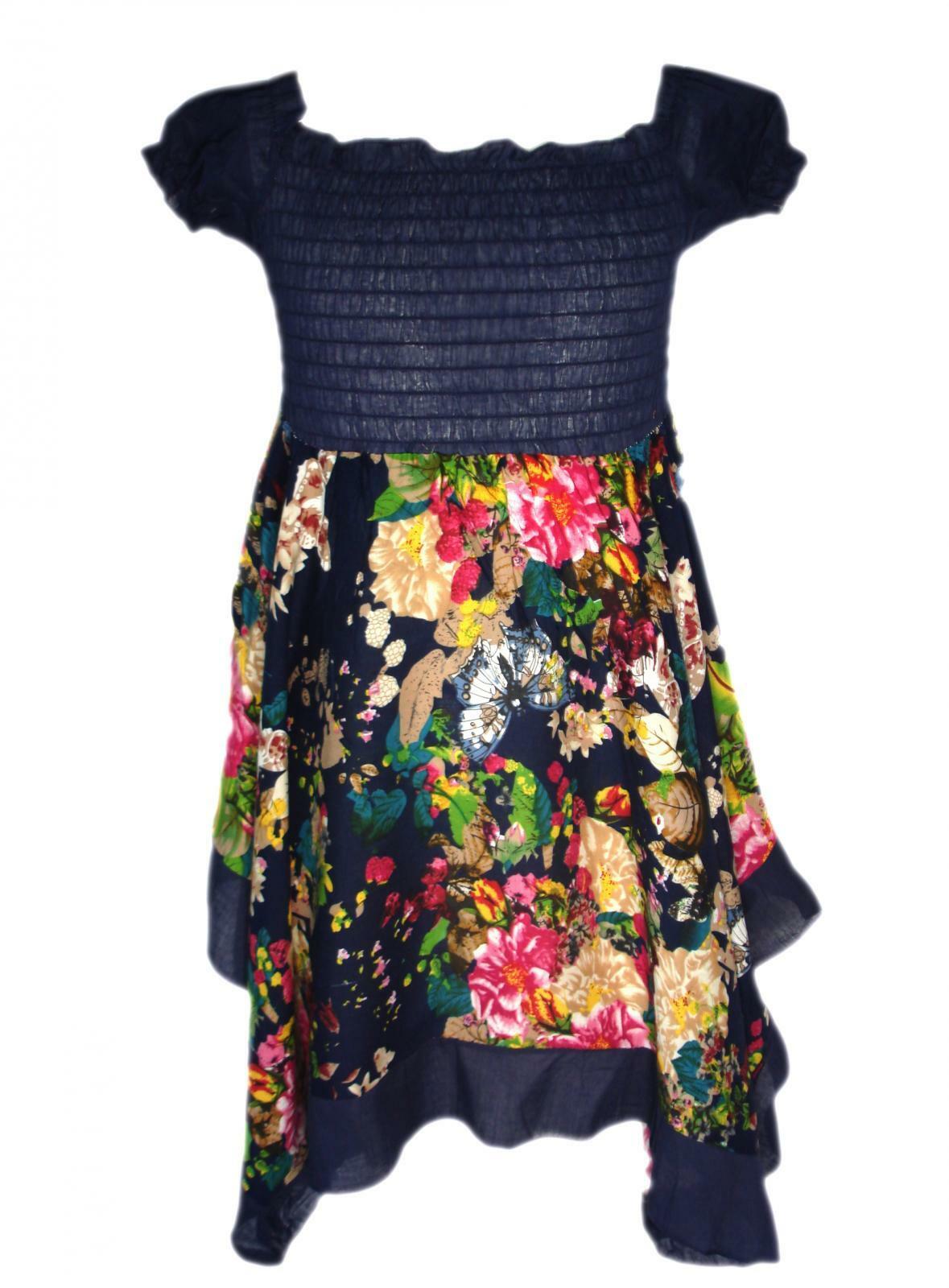 Girls Summer Floral Handkerchief Sun Dress - Navy