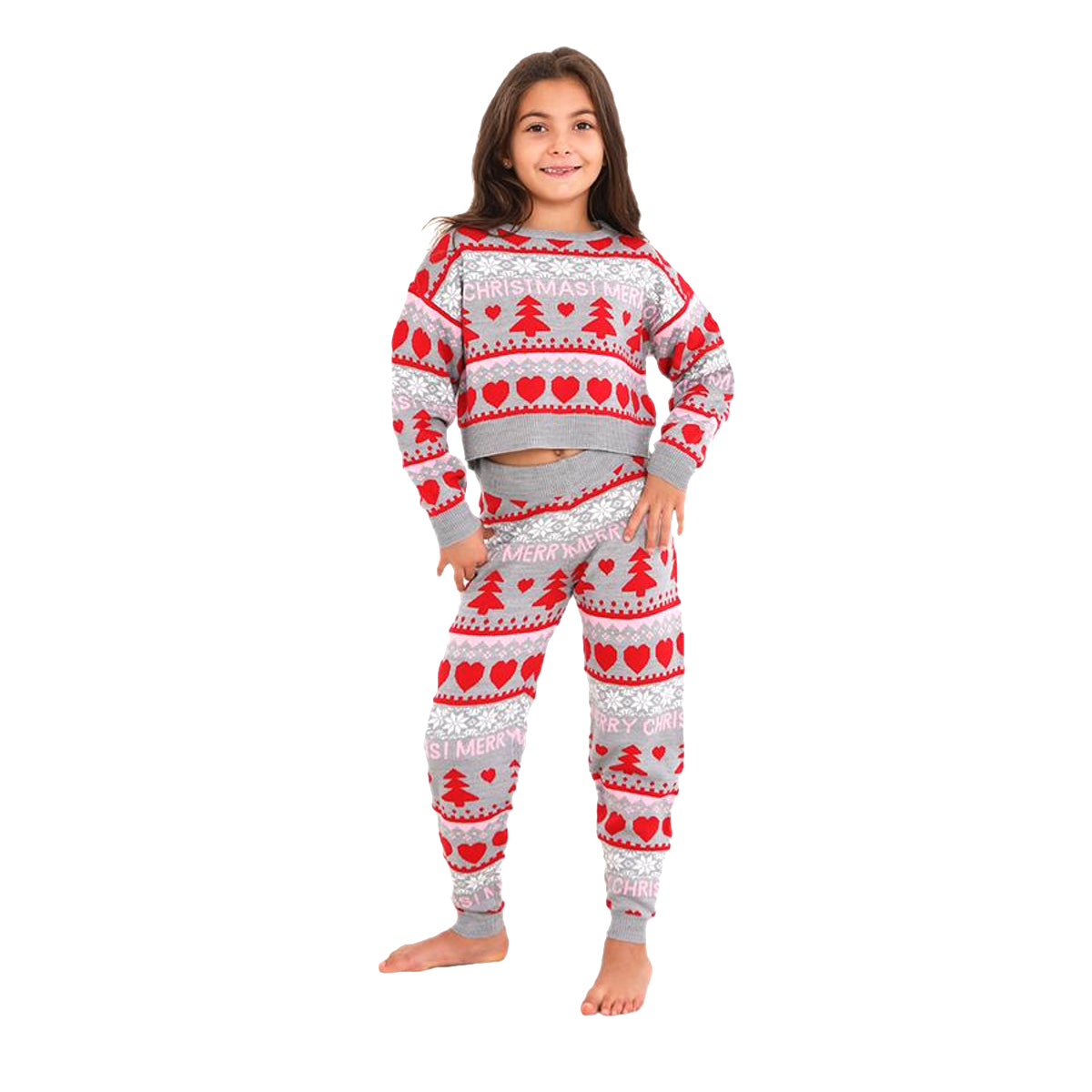 Girls Christmas Fairisle Jacquard Pyjama Set - Grey and Red
