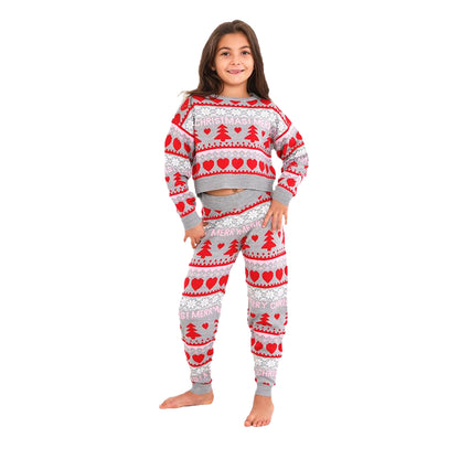 Girls Christmas Fairisle Jacquard Pyjama Set - Grey and Red
