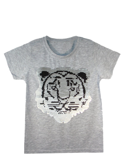 Kids Tiger Brush Changing Sequin T-Shirt - Grey
