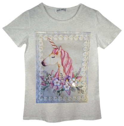 Girls Unicorn Floral Pearls T-Shirt