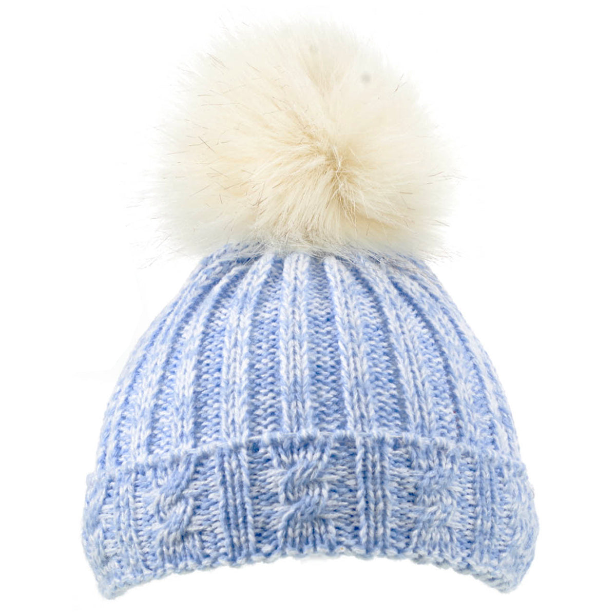 Baby Knitted Pom Pom Winter Hat - Blue with Blonde Pom