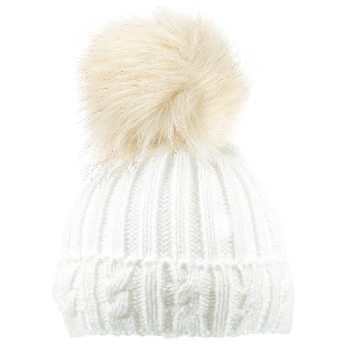 Baby Knitted Pom Pom Winter Hat - White with Blonde Pom