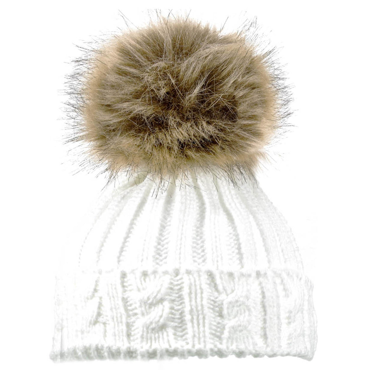 Baby Knitted Pom Pom Winter Hat - White with Golden Pom