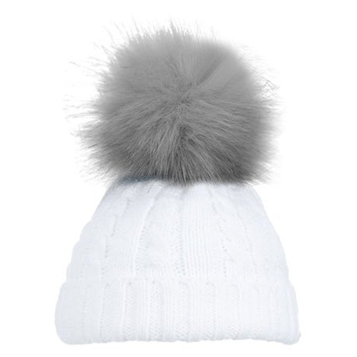 Baby Knitted Pom Pom Winter Hat - White with Grey Pom