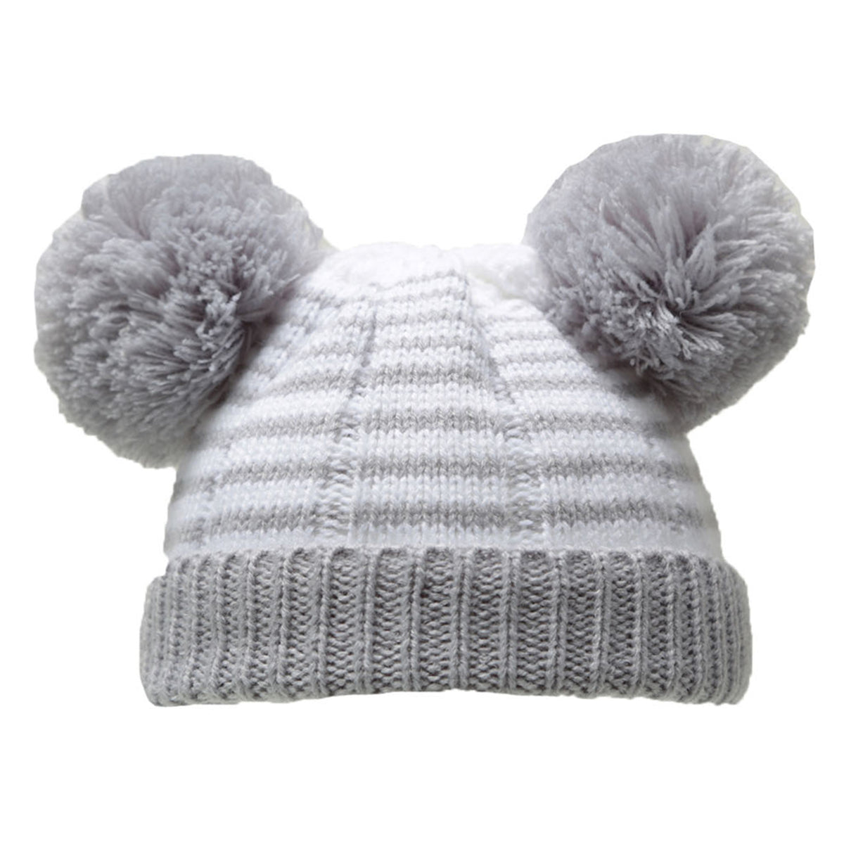 Baby Knitted Pom Pom Winter Hat - Grey Stripes