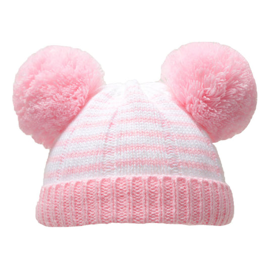 Baby Knitted Pom Pom Winter Hat - Pink Stripes