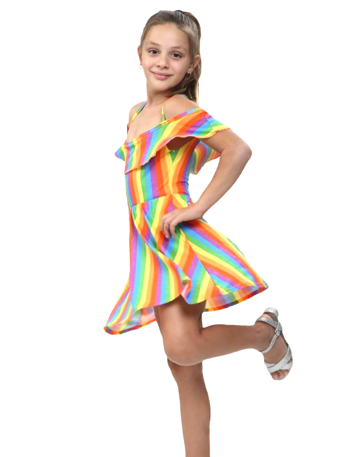 Girls Rainbow Off Shoulder Dress