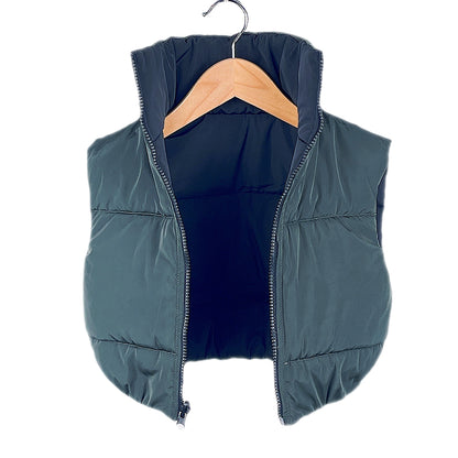 Girls Reversible Gilet Bodywarmer Cropped Sleeveless Jacket 2 in 1 - Khaki