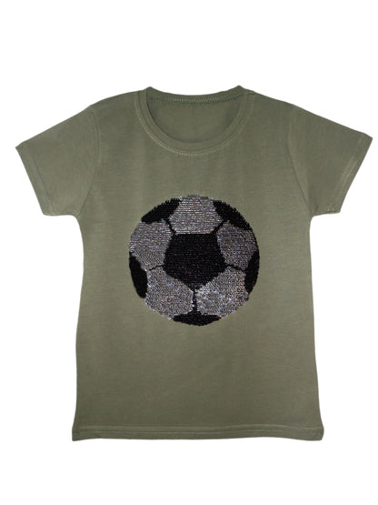 Kids Football Brush Changing Sequin T-Shirt - Khaki