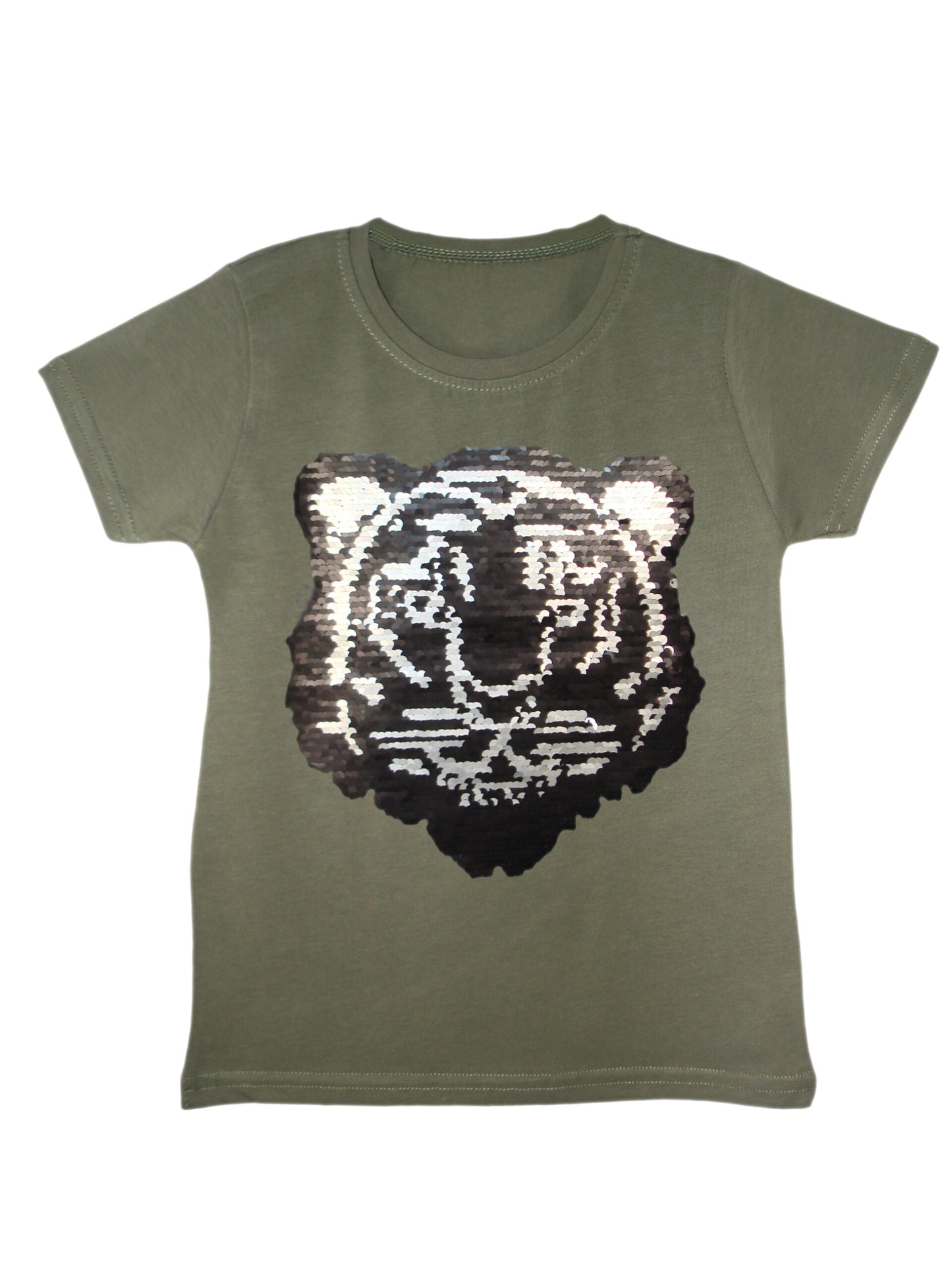 Kids Tiger Brush Changing Sequin T-Shirt - Khaki