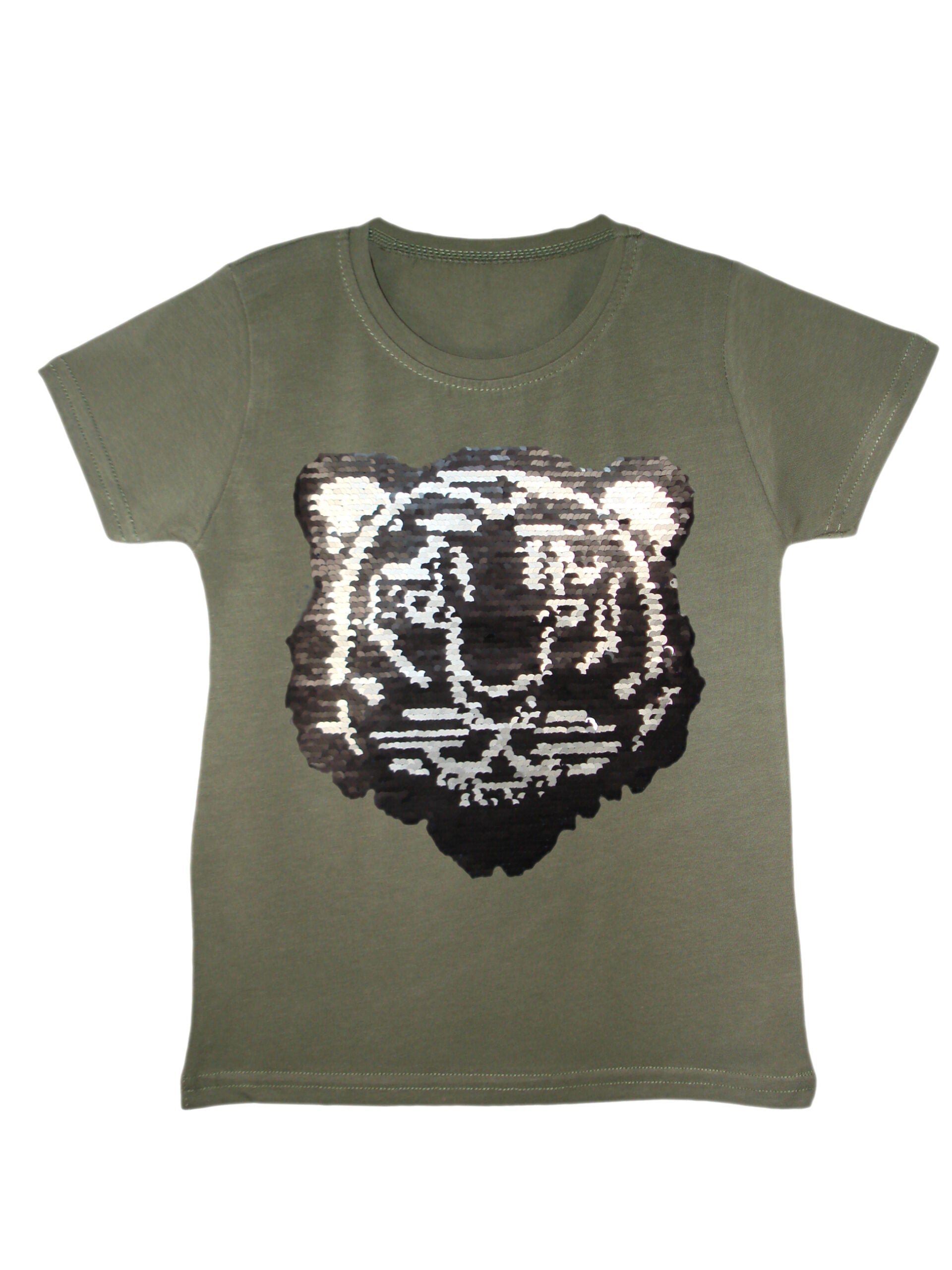 Kids Tiger Brush Changing Sequin T-Shirt - Khaki